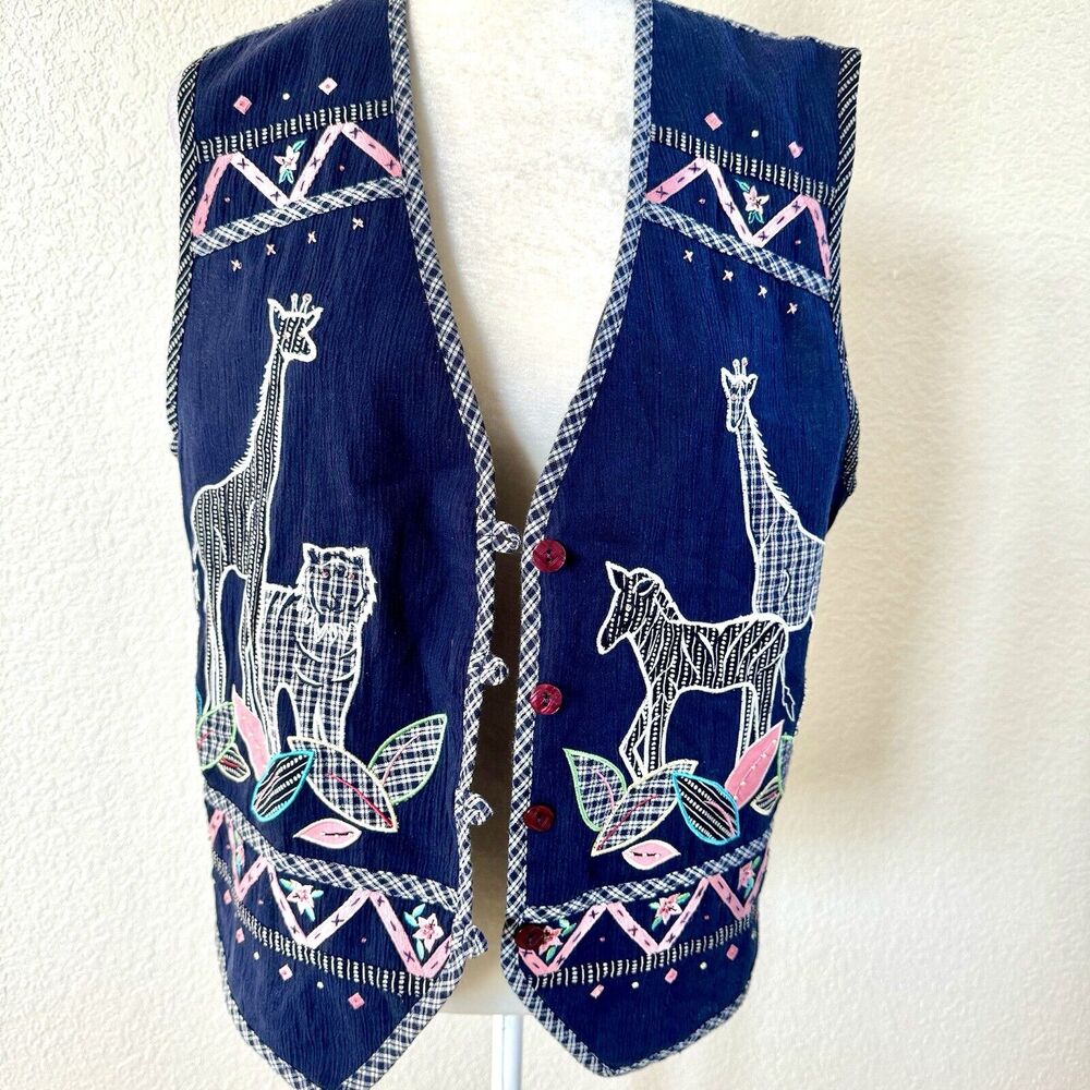 Napa Valley Vintage Sz Medium Safari Animal Cottage Patchwork Button Front Vest